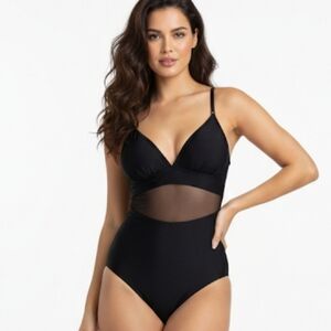 Cufflle Black Mesh Cutout One-Piece Swimsuit Size L NWT